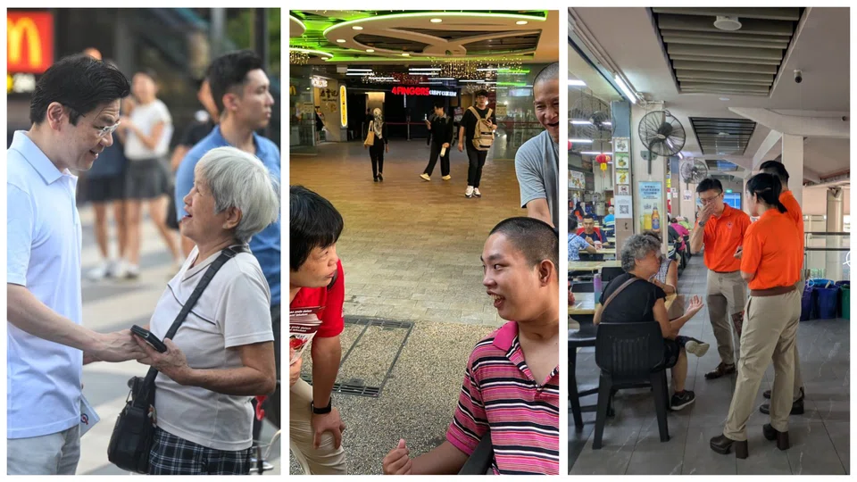 From left: Prime Minister Lawrence Wong from PAP, Gigene Wong from SDP, and NSP candidates on their walkabouts on Friday morning.
