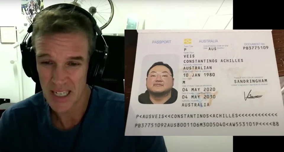 Former Wall Street Journal journalist Tom Wright in a screenshot from a livestream by Project Brazen, showing  an image of what is allegedly Jho Low's passport. The image, which came from a tip-off, suggests that Low is using the alias "Constantinos Achilles Veis" and a forged Australian passport.