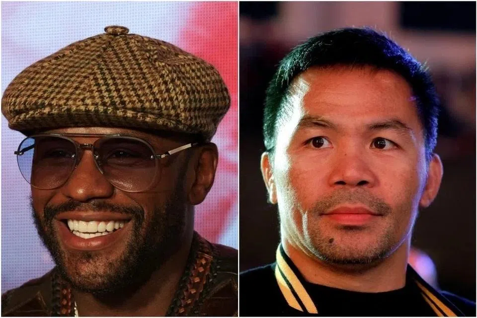 Mayweather (left) holds a perfect 50-0 record with 27 knockouts while Pacquiao's record stands at 62-8-3 with 39 knockouts.