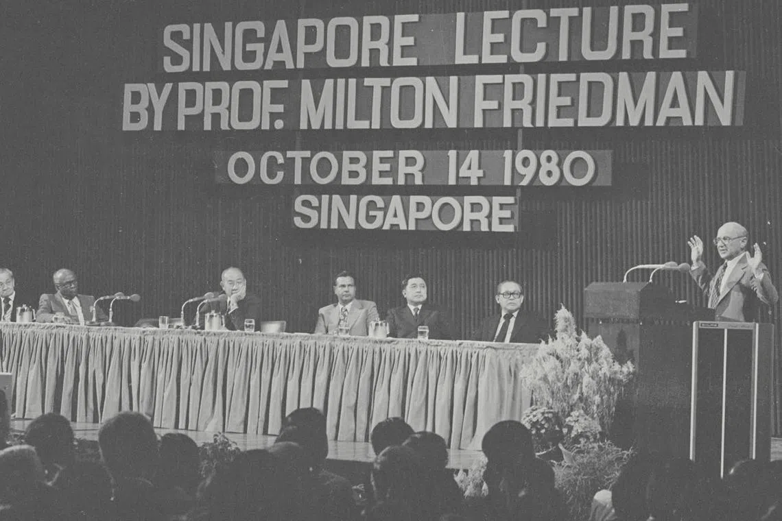 Milton Friedman (pictured here delivering a lecture at the Singapore Conference Hall in 1980) popularised the idea that companies should maximise shareholder value. That thinking is no longer dominant among companies.