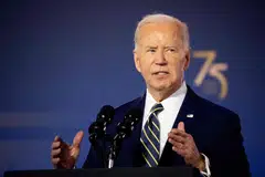 US President Joe Biden speaks during a Nato 75th anniversary celebratory event at the Andrew Mellon Auditorium, Washington, DC, July 9, 2024. The White House insists Biden is committed to serving a second full term - and that questions over his candidacy are settled.