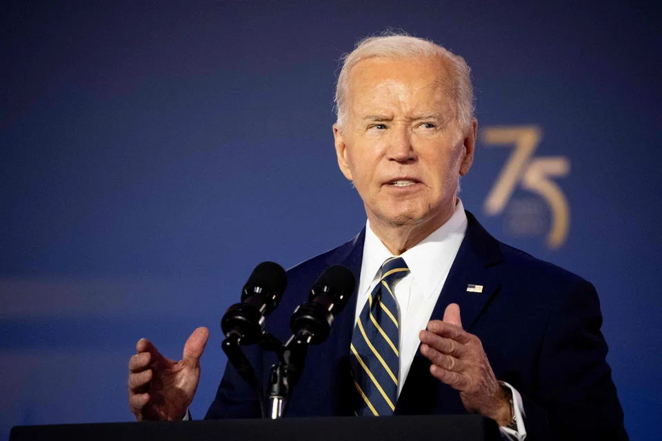 US President Joe Biden speaks during a Nato 75th anniversary celebratory event at the Andrew Mellon Auditorium, Washington, DC, July 9, 2024. The White House insists Biden is committed to serving a second full term - and that questions over his candidacy are settled.