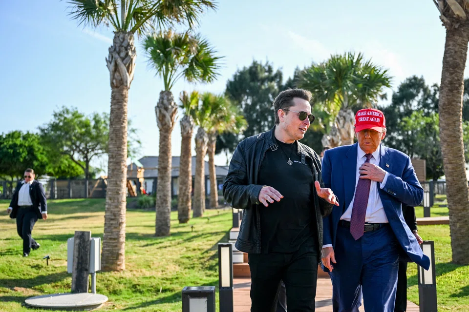 Led by Elon Musk (left), US tech bosses have been filing into Mar-a-Lago to trade favours with Trump (right) and donate to his inauguration fund.