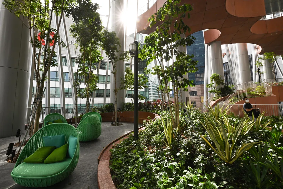 An outdoor seating area at commercial building CapitaSpring in Singapore. Industry players say office tenants are looking for buildings that are energy efficient, have good amenities and are in easy-to-reach locations.