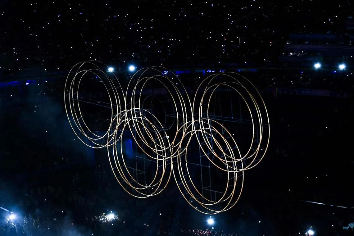 The Olympic rings during the closing ceremony of the Paris 2024 Olympic Games. Polish Prime Minister Donald Tusk's announcement follows that of the country's president Andrzej Duda, who announced last year that he intended to submit his country’s bid to host the Summer Olympics in 2036.