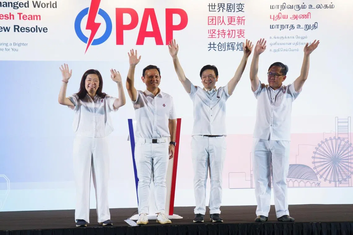 PM Wong (second from right), who led a team in Marsiling-Yew Tee GRC against the Singapore Democratic Party, scored above the national average at 73.46% – an improvement of 10.28 percentage points from GE2020.