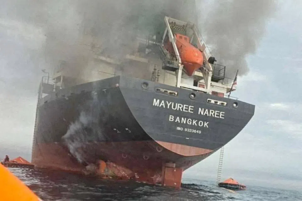 The Thailand-flagged cargo ship Mayuree Naree engulfed in black smoke in the Strait of Hormuz on Mar 11.  