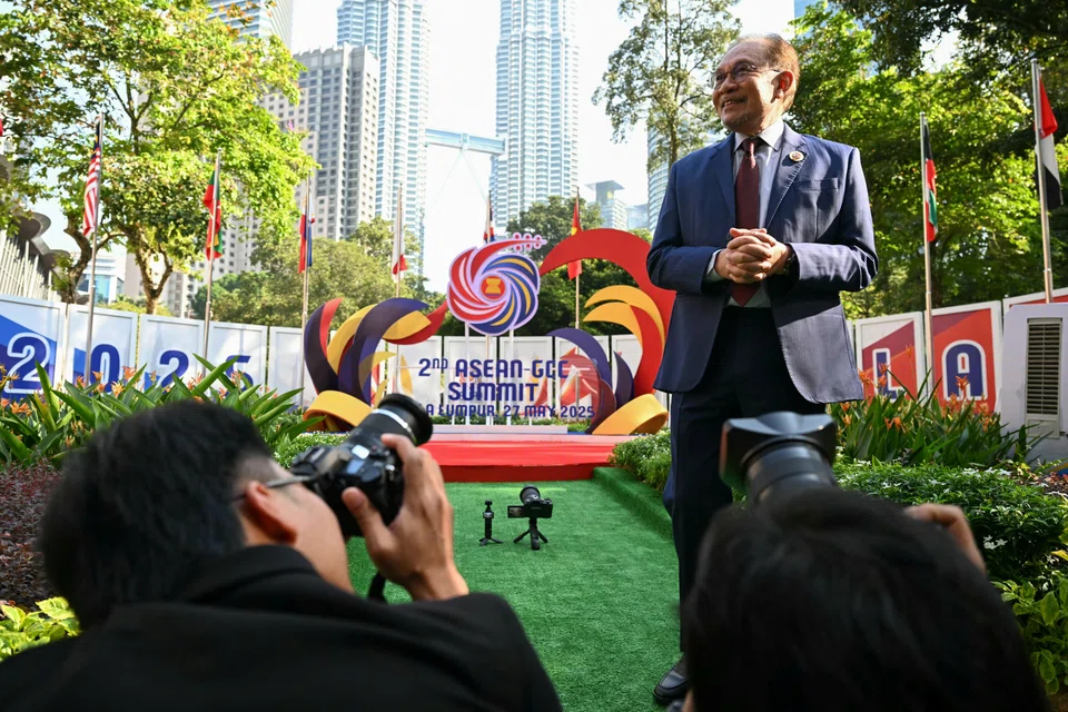 Malaysia's Prime Minister Anwar Ibrahim talking to the media as he waits for delegates to arrive for the 2nd Asean-GCC Summit, after the 46th Asean Summit, in Kuala Lumpur, on  May 27, 2025.