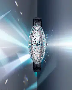 The challenging marquetry work alone for the Cartier Métiers d’Art Baignoire Allongée requires 25 hours of labour for each curved dial surface.