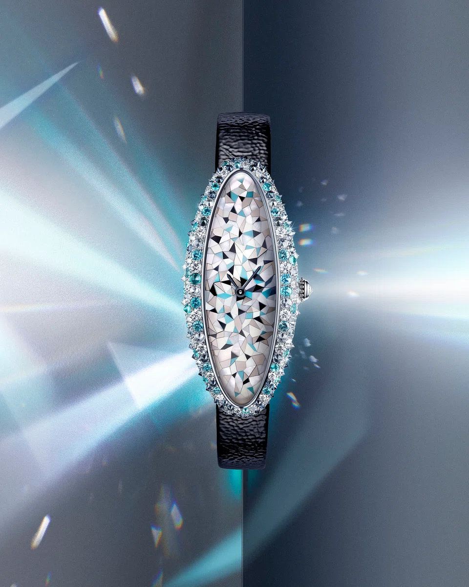 The challenging marquetry work alone for the Cartier Métiers d’Art Baignoire Allongée requires 25 hours of labour for each curved dial surface.