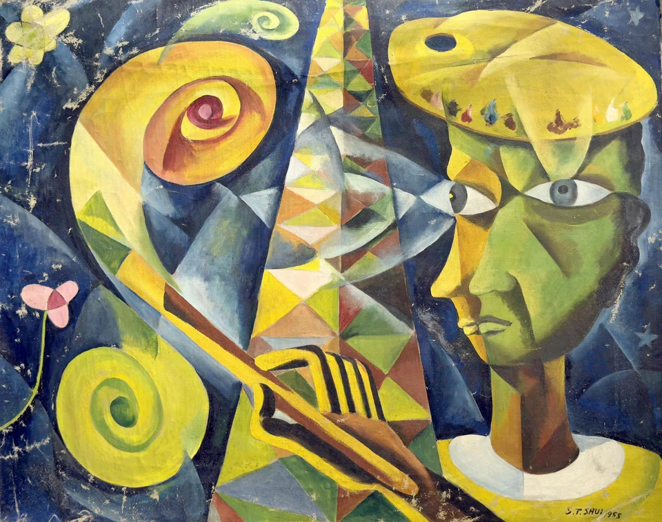 Shui Tit Sing's Artist With Palette (1958, oil on canvas, 78 × 99 cm) signals Shui's embrace of Cubist abstraction.