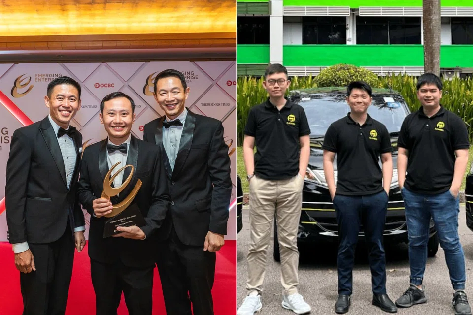 (From left) Brian Ng, Bernard Ng and Samuel Pei, co-founders of KC Group; and Song Yan Ho, Shin Ng and Kris Lee, co-founders of RushOwl. 