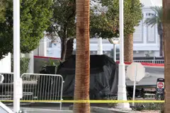 The remains of a covered Tesla Cybertruck that exploded at the entrance of Trump Tower in Las Vegas, Nevada, Jan 1, 2025.  