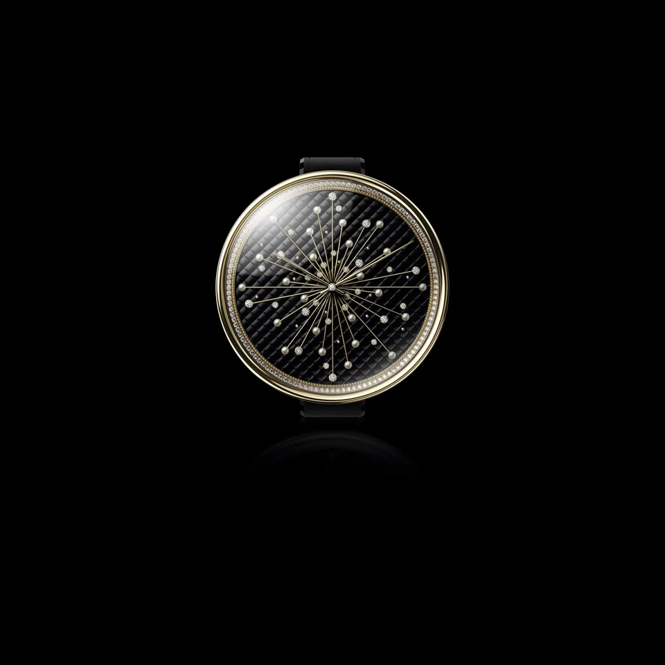 Mademoiselle Prive Pincushion Cuff housed in a domed gold case with a quilted motif onyx dial.