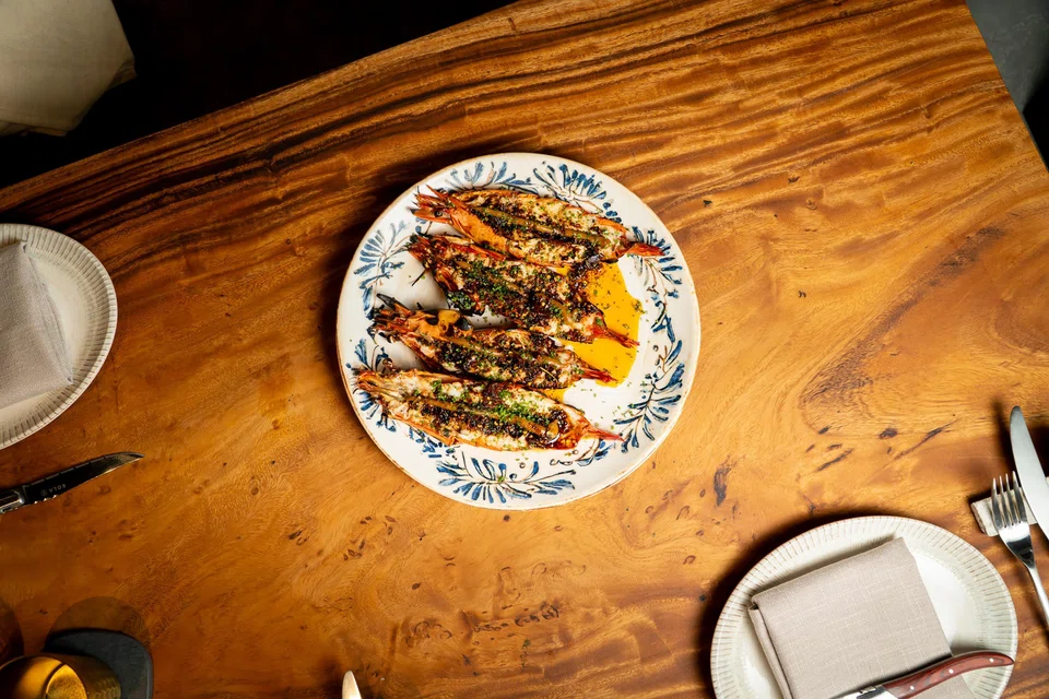 Grilled tiger prawns with sambal.