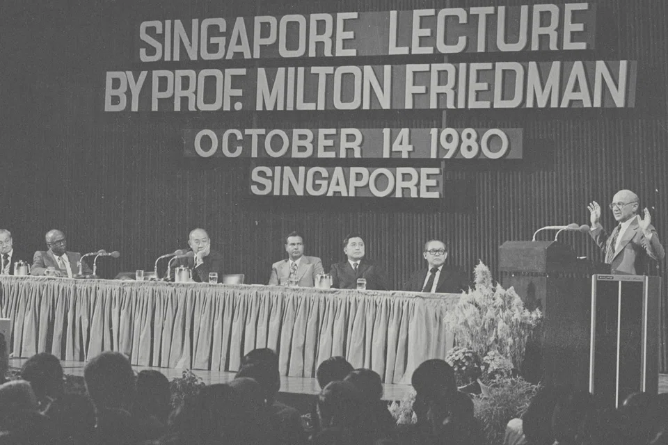 Milton Friedman (pictured here delivering a lecture at the Singapore Conference Hall in 1980) popularised the idea that companies should maximise shareholder value. That thinking is no longer dominant among companies.