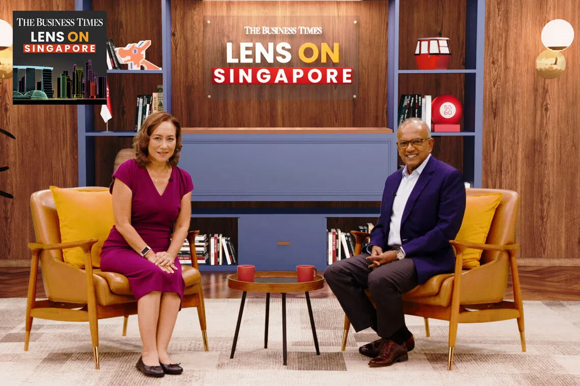 Host Claressa Monteiro (left) in conversation with Minister K. Shanmugam (right). 