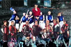 A collage showing G-Dragon (in red, at the top) as well as the Vietnamese artistes from two celebrity-driven music variety shows.  