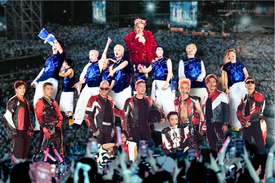 A collage showing G-Dragon (in red, at the top) as well as the Vietnamese artistes from two celebrity-driven music variety shows.  