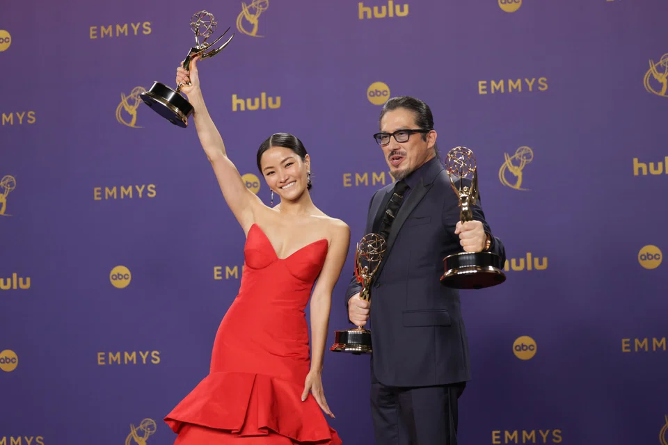 (From left) Japanese actress Anna Sawai, winner of the Outstanding Lead Actress in a Drama Series award for 'Shogun' and Japanese actor Hiroyuki Sanada, winner of the Outstanding Lead Actor in a Drama Series award for 'Shogun' at the 76th annual Emmy Awards, Los Angeles, California, Sept 15, 2024.