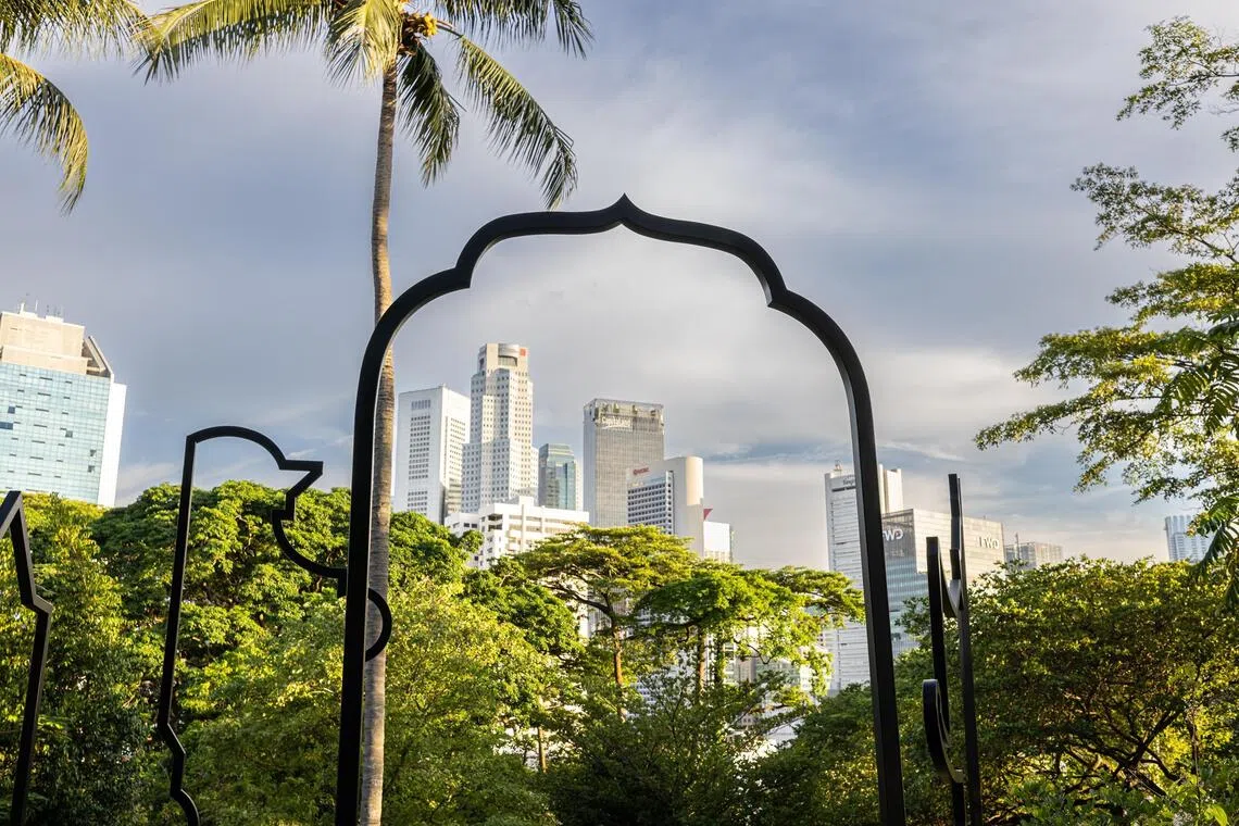 Located atop Fort Canning Hill, Ayesha Singh's tracing of the Singapore skyline using a single unbroken steel bar is one of the highlights of Singapore Biennale 2025. 