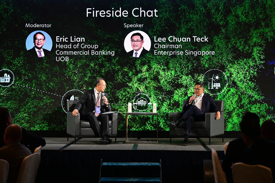 Enterprise Singapore’s chairman Lee Chuan Teck (right) at a fireside chat with UOB’s head of group commercial banking Eric Lian (left).