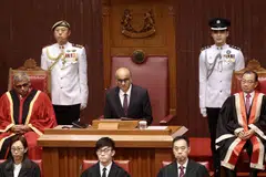 President Tharman Shanmugaratnam, flanked by Speaker of Parliament Seah Kian Peng (right) and Chief Justice Sundaresh Menon, speaking at the opening of Singapore's 15th Parliament on Sept 5.