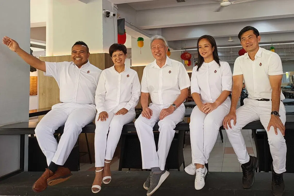 Senior Minister Teo Chee Hean (centre) will not stand for re-election in Pasir Ris-Changi GRC. Minister in the Prime Minister's Office Indranee Rajah (second from left) will lead a team comprising incumbents Sharael Taha (far left) and Desmond Tan (far right) as well as newcomer Valerie Lee.