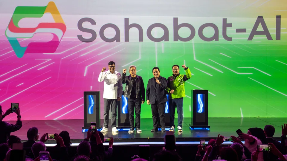 From left: Vikram Sinha, CEO and director of IOH; Jensen Huang, founder and CEO of Nvidia; Erick Thohir, Indonesia's minister of state-owned enterprises; and Patrick Walujo, CEO of GoTo, at the launch of Sahabat-AI in Jakarta on Nov 14.