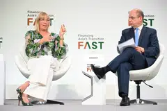 StanChart's chief sustainability officer Marisa Drew (left), speaking at a panel with Swiss Re's managing director and head of public sector solutions for Asia-Pacific Lubomir Varbanov (right) during Ecosperity Week on April 17, 2024. 