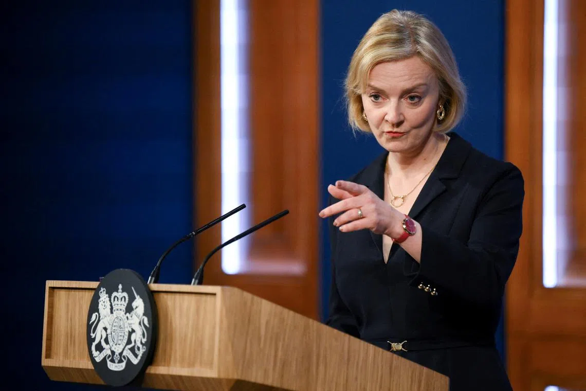 British Prime Minister Liz Truss attends a news conference in London, Britain, Oct 14, 2022.  