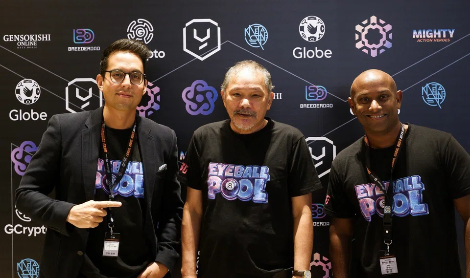From left: Eyeball Games' Philippines marketing manager Chris Johnson, world No 1 pool player and Eyeball Pool ambassador Efren Reyes and Eyeball Games CEO Jonathan Ivarsson.