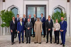 UAE President Sheikh Mohamed bin Zayed al-Nahyan (fourth from left) and German Chancellor Olaf Scholz (third from left) with the German Economic delegation following a meeting at al-Shati palace in Abu Dhabi, Sept 25, 2022. 