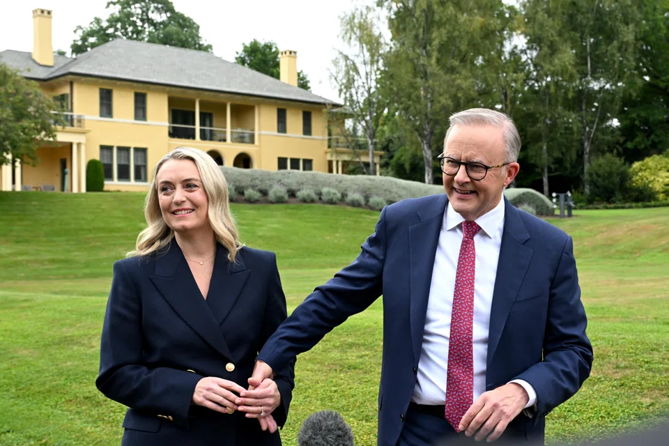 Australian Prime Minister Anthony Albanese and partner Jodie Haydon speak to the media after announcing their engagement.