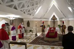 Pope Francis lying in the chapel of the Santa Marta residence. His body will be transferred to St Peter’s Basilica on Wednesday morning before the lying-in-state.