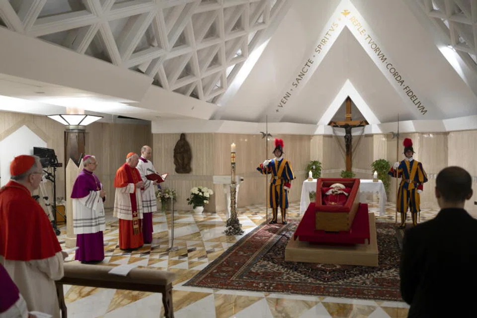 Pope Francis lying in the chapel of the Santa Marta residence. His body will be transferred to St Peter’s Basilica on Wednesday morning before the lying-in-state.