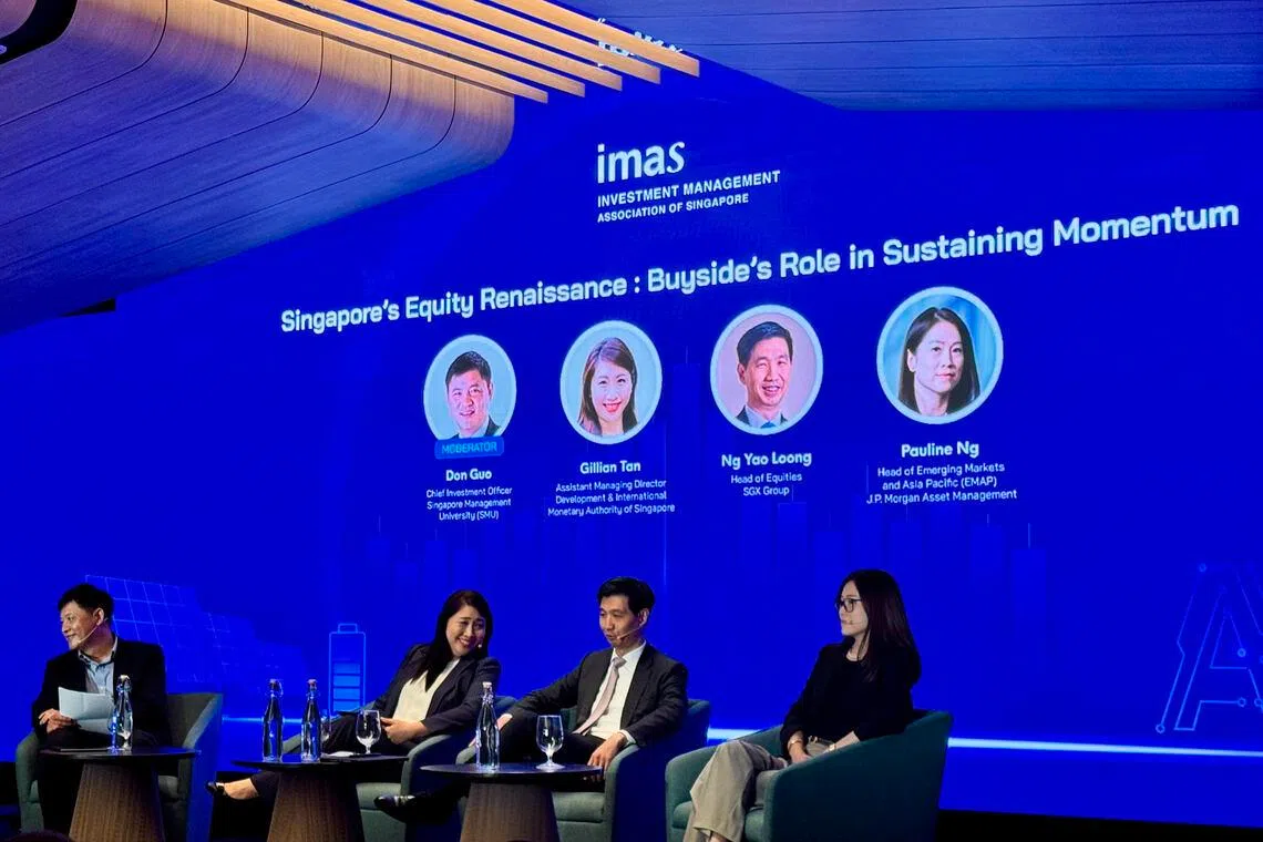 From left: Don Guo, chief investment officer, SMU; Gillian Tan, assistant managing director (development and international), MAS; Ng Yao Loong, head of equities,  SGX; and Pauline Ng, head of Asean and EMAP equities, JP Morgan Asset Management, at a panel discussion during the IMAS conference.