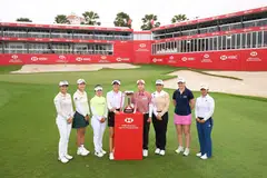 Thailand's Jeeno Thitikul (far left) with some of the other contenders for this year's HSBC Women's World Championship at Sentosa Golf Club.