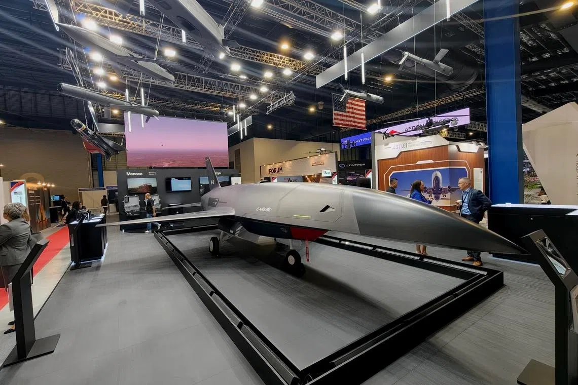 Anduril Industries' exhibit at the Singapore Airshow 2026 includes the Fury unmanned aerial vehicle.