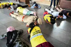 Police and railway civil defence personnel conducting an emergency simulation drill as a part of the nationwide civil defence mock drills at a railway station in Hyderabad, India, on May 7 as border tensions surge. 