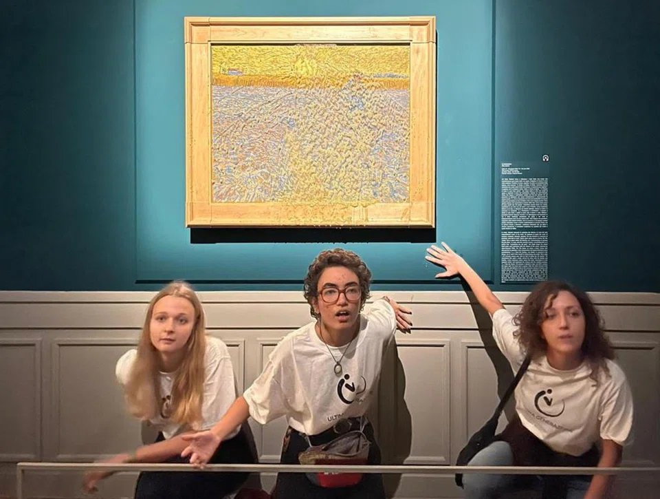 Activists from Last Generation threw pea soup at The Sower, an 1888 painting by Vincent Van Gogh, on Nov 4 at Rome's Palazzo Bonaparte. 