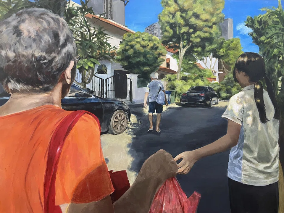 Myra Jade Wee's winning artwork depicts her grandparents showing care for her when her leg was injured. The work is available for purchase on the TRCL website.