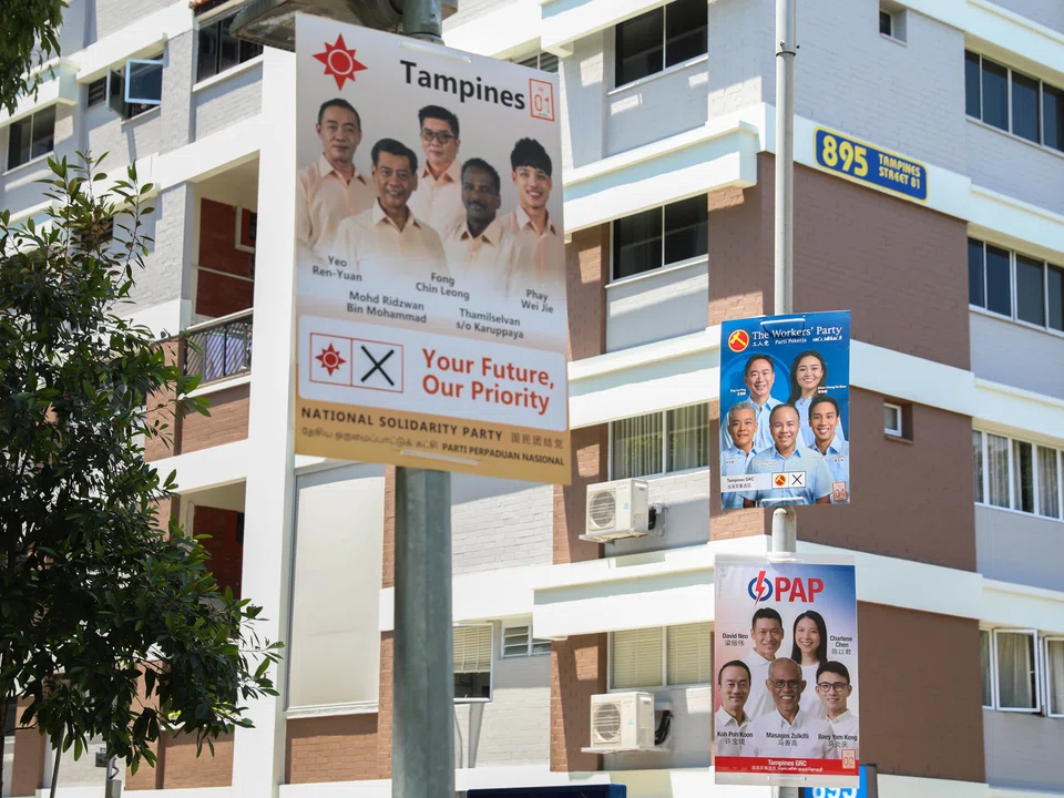 Election posters seen in Tampines GRC, which will see a four-way fight between the National Solidarity Party, People's Action Party, People's Power Party and Workers' Party.