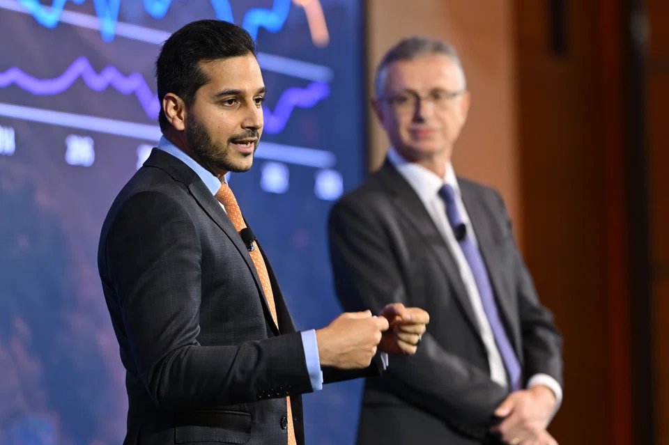Anuj Arora (left), JP Morgan Asset Management head of emerging markets and Apac equities, and Alexander Treves, head of investment specialists (Apac). Arora says the valuation gap between the top 10 tech hardware names in US and Asia is nearly 50 per cent.
