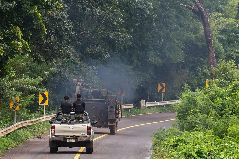 Military vehicles are seen in Sisaket province, as Cambodia and Thailand each said the other had launched artillery attacks across contested border areas early on Sunday (Jul 27), hours after US President Donald Trump said the leaders of both countries had agreed to work on a ceasefire.