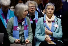 Rosmarie Wydler-Walti (left) and Anne Mahrer, of the Swiss elderly women group KlimaSeniorinnen, attend the hearing for the ruling in their case against the Swiss government.