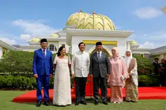 Malaysia's King Sultan Abdullah Sultan Ahmad Shah with Queen Azizah Aminah Maimunah, Philippine President Ferdinand Marcos Jr with First Lady Maria Louise Araneta Marcos, and Malaysian Prime Minister Anwar Ibrahim with his wife Wan Azizah Wan Ismail at the National Palace in Kuala Lumpur on Jul 26, 2023. 