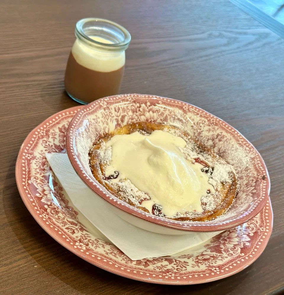 Baked custard clafouti and pot au chocolat.