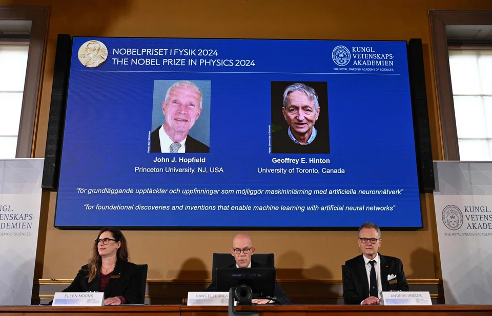 The laureates of the 2024 Nobel Prize in Physics, US physicist John J Hopfield (L) and Canadian-British computer scientist and cognitive psychologist Geoffrey E Hinton.