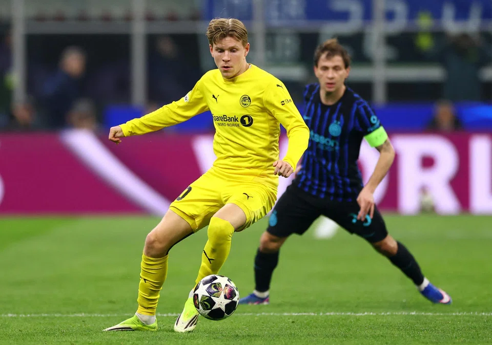 Bodo/Glimt's Jens Petter Hauge (left) playing against Inter Milan in the second leg of the Champions League playoffs at Milan's San Siro stadium on Feb 24. 